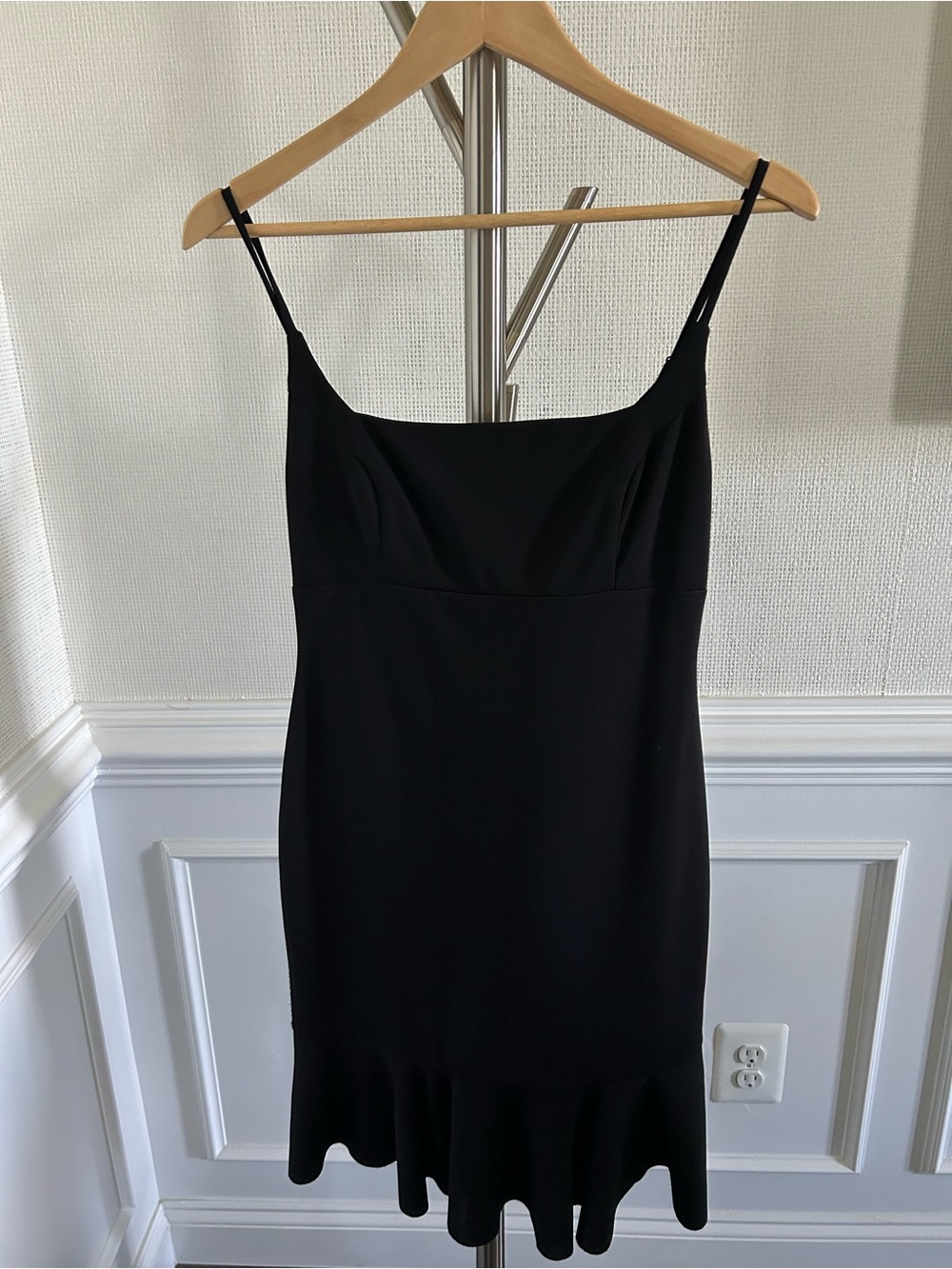 bebe Black Spaghetti Strap Dress with ruffle detail at hem